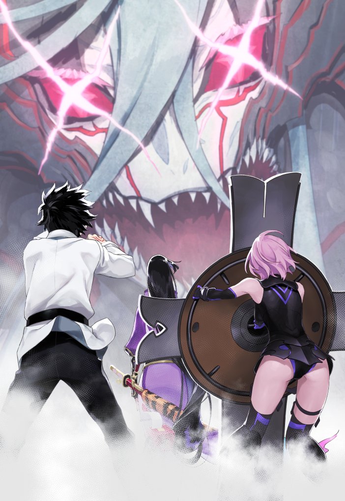 ass, black_hair, fate/grand_order, fate_(series), from_behind, fujimaru_ritsuka_(male), hair_between_eyes, long_hair, mash_kyrielight, mash_kyrielight_(demi-servant), minamoto_raikou, nakuta, pink_hair, sheath, sheathed, shield, short_hair, sword, tiamat_(dragon)_(fate), tiamat_(fate), weapon