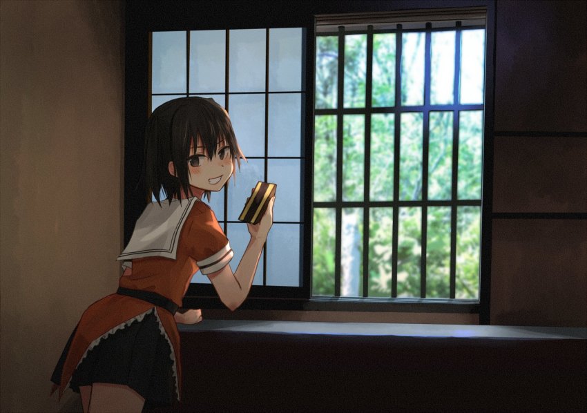 1girl, annin_musou, bad_id, bad_twitter_id, black_gloves, black_skirt, brown_eyes, brown_hair