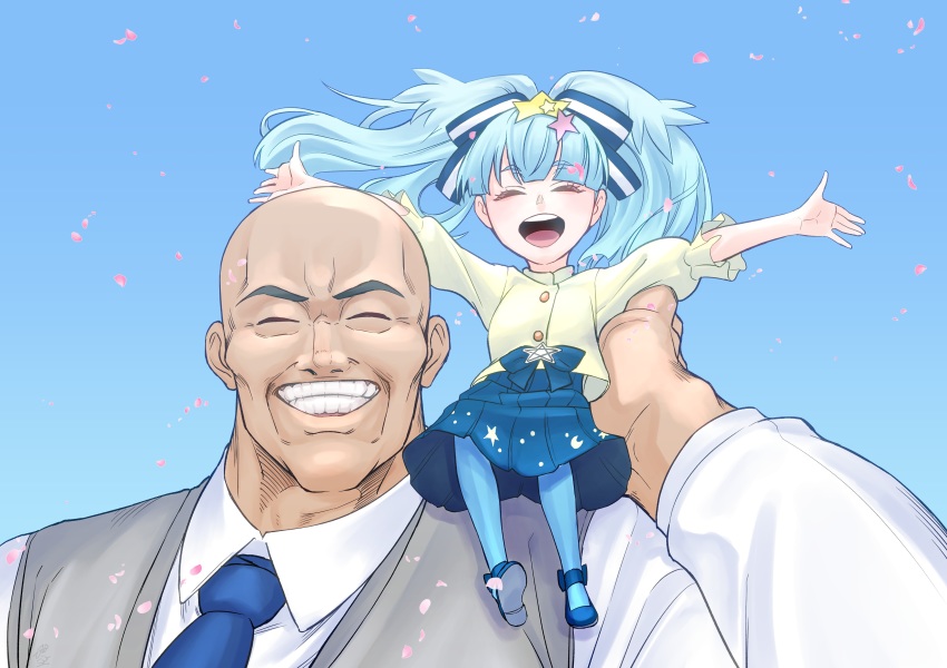 10s, 1boy, 1girl, ^_^, absurdres, bald, blue_hair, blue_sky, blush, byackopath_(artist), cherry_blossoms, child, closed_eyes, family, father_and_child, father_and_daughter, go_takeo, hair_ornament, happy, highres, hoshikawa_lily, idol, manly, necktie, open_mouth, outstretched_arms, pantyhose, parent_and_child, sitting_on_shoulder, size_difference, skirt, sky, smile, spoilers, spread_arms, star_(symbol), star_hair_ornament, teeth, twintails, zombie_land_saga