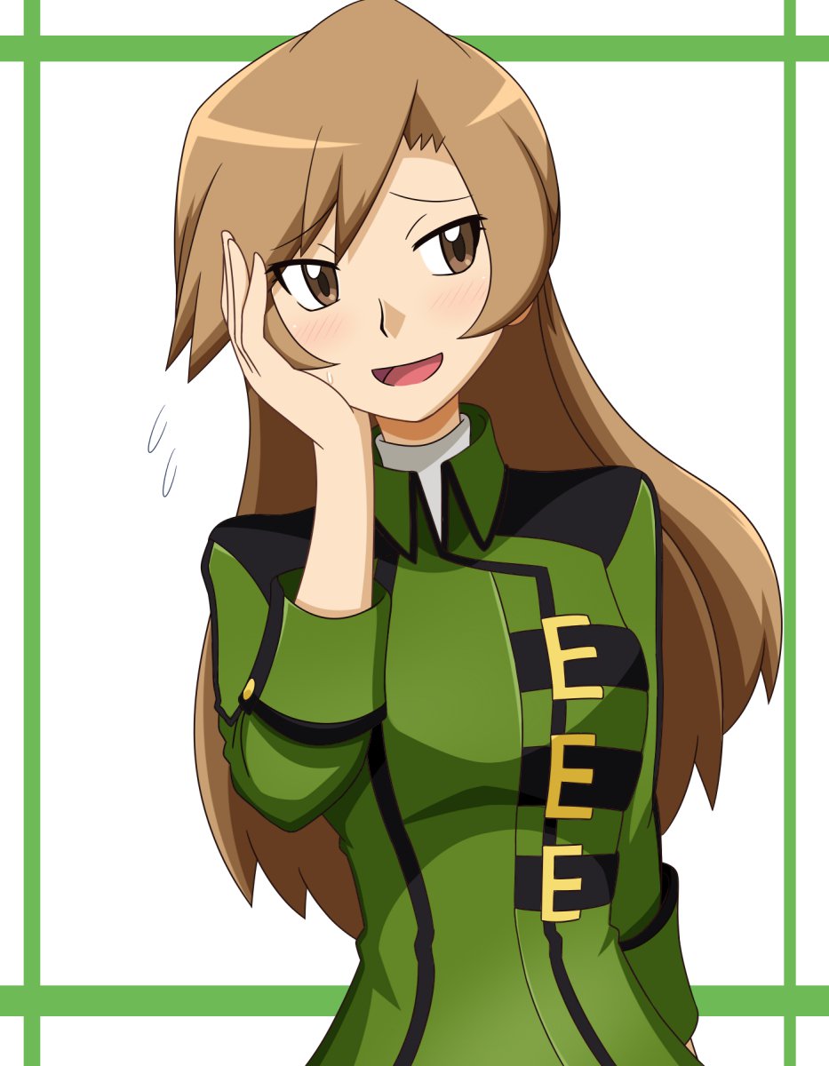 1girl, blush, brown_eyes, brown_hair, coach_trainer_(pokemon), female_focus, flying_sweatdrops, green_jacket