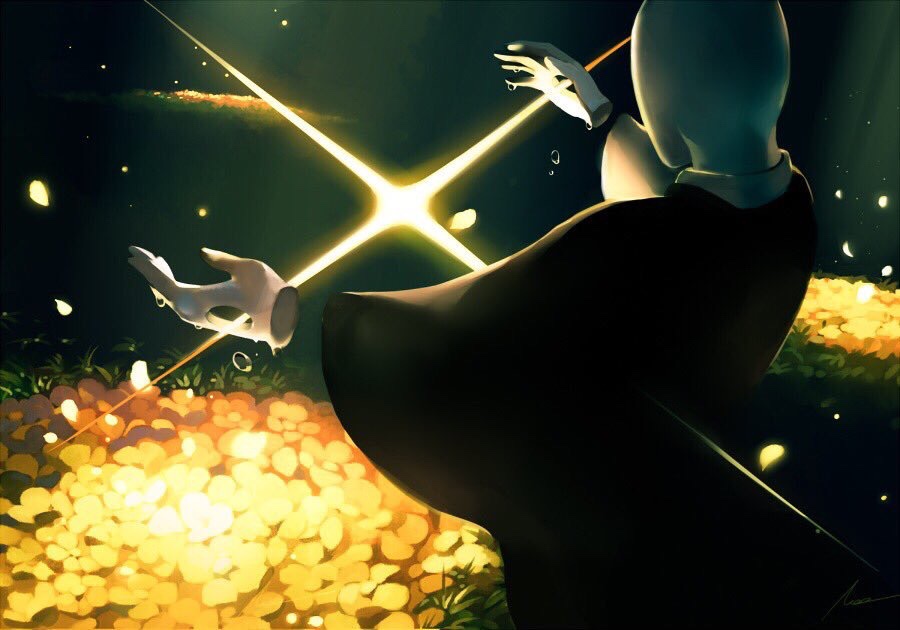 1other, black_cloak, cloak, colored_skin, dark_background, facing_away, flower, grass