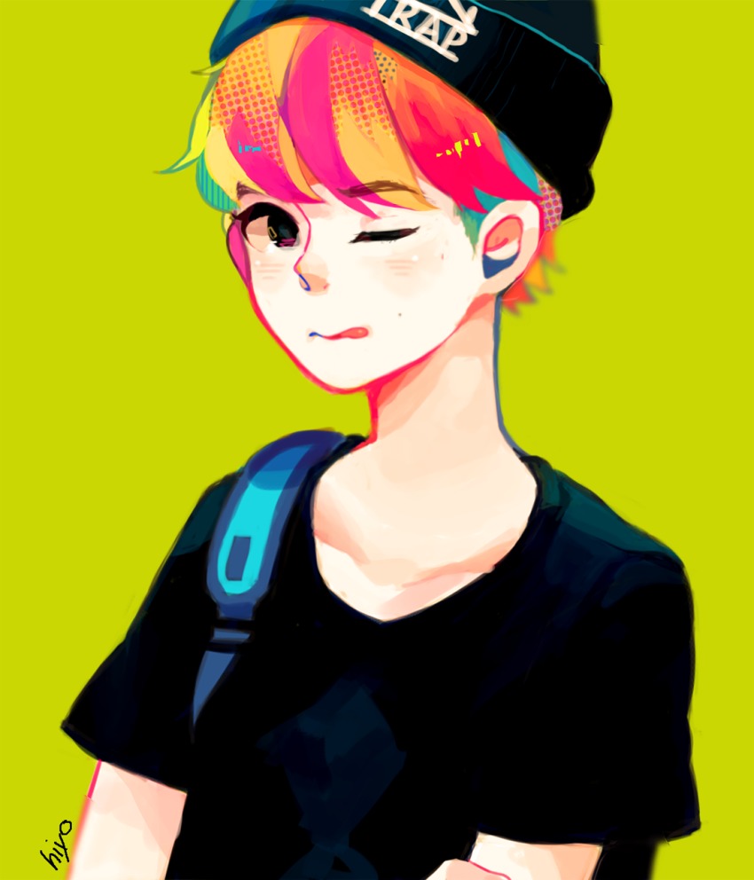 1boy, artist_name, backpack, bag, beanie, black_shirt, commentary, english_commentary