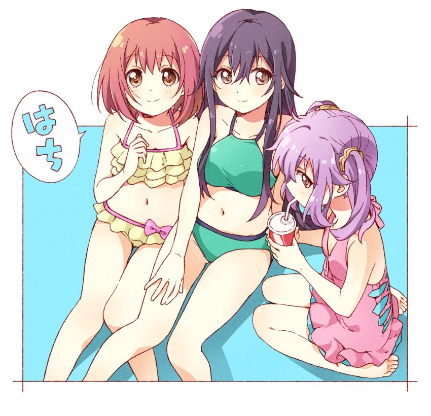 10s, 3girls, bikini, black_hair, brown_eyes, commentary_request, cup, disposable_cup