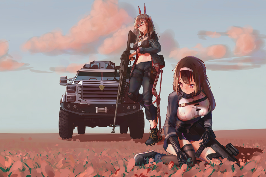2girls, absurdres, animal_ears, bullpup, chinese_commentary, commentary_request, exoskeleton, field