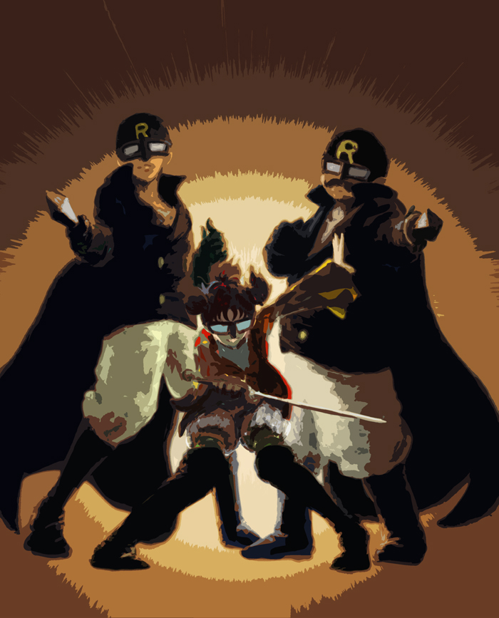 1girl, backlighting, bandana, black_gloves, brown_theme, cape, commentary_request, gloves, male_focus, mask, multiple_boys, p2_(prisoner24601), pants, pants_tucked_in, red_hair, robin_(romancing_saga_3), romancing_saga_3, saga, short_hair, smile, sword, tatyana_(romancing_saga), weapon