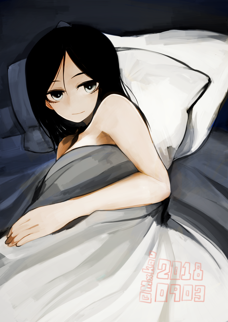 10s, 1girl, artist_name, bed_sheet, black_eyes, black_hair, closed_mouth, commentary