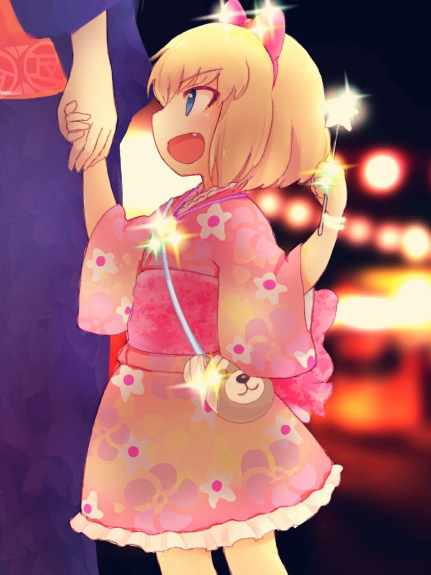 10s, 1girl, blonde_hair, blue_eyes, boko_(girls_und_panzer), bow, bracelet, carrying