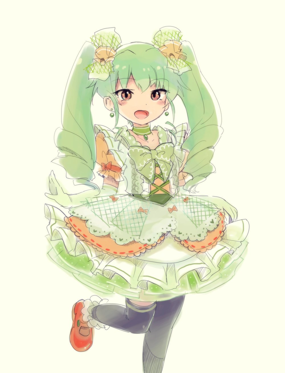 10s, 1girl, :d, alternate_costume, anchovy_(girls_und_panzer), black_thighhighs, blush_stickers, bow