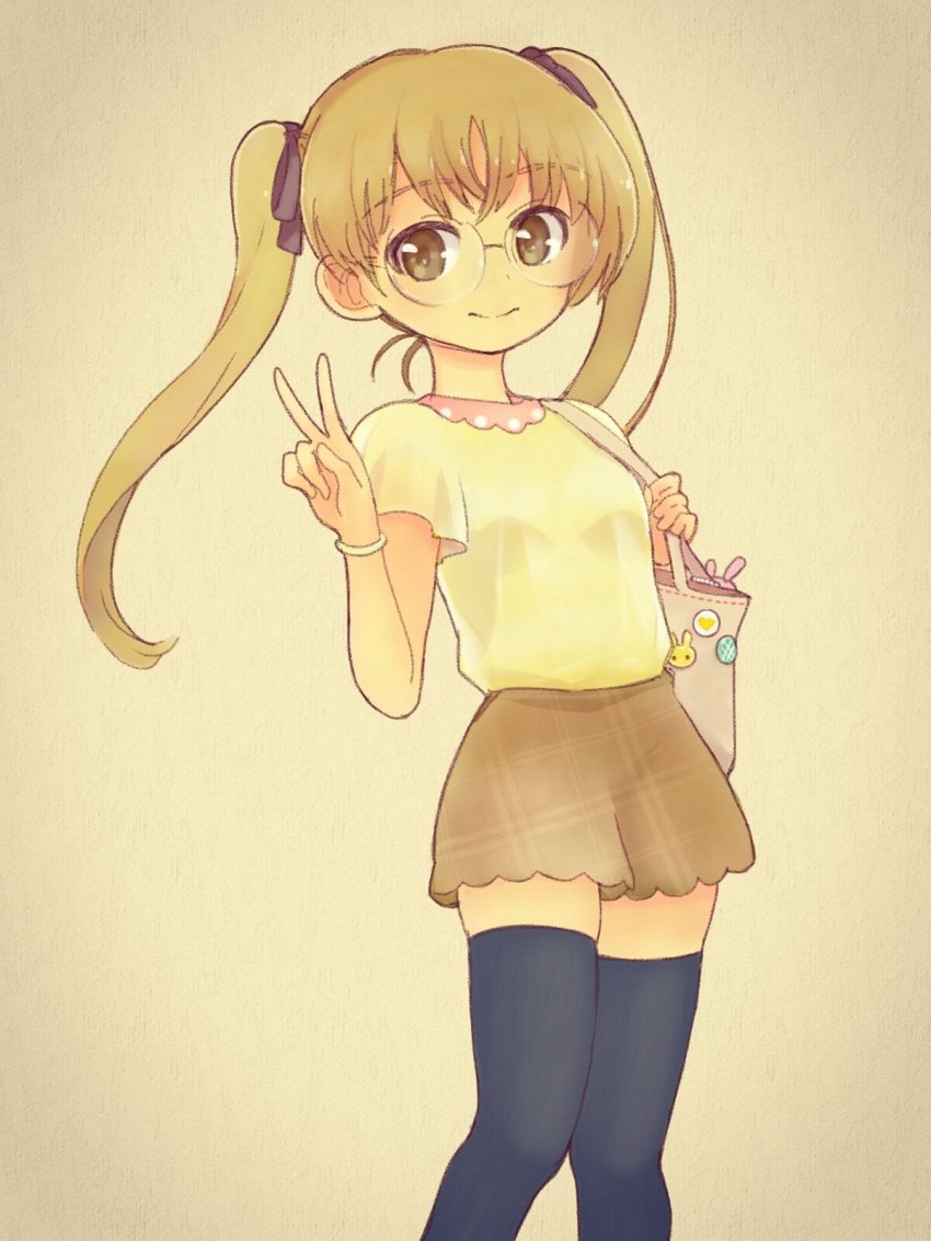 10s, 1girl, badge, bag, black_ribbon, black_thighhighs, bracelet, brown_background, brown_eyes, brown_hair, brown_shorts, carrying, casual, closed_mouth, commentary, cowboy_shot, female_focus, girls_und_panzer, glasses, hair_ribbon, handbag, highres, jewelry, kosame_koori, long_hair, looking_at_viewer, oono_aya, ribbon, round_eyewear, shirt, short_shorts, short_sleeves, shorts, smile, solo, standing, stuffed_animal, stuffed_rabbit, stuffed_toy, thighhighs, traditional_media, twintails, v, yellow_shirt, zettai_ryouiki