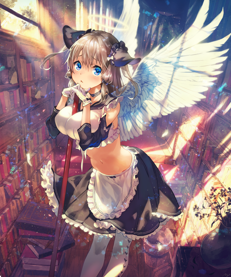 1girl, angel_wings, apron, bad_id, bad_pixiv_id, bare_shoulders, between_breasts, black_choker, black_sailor_collar, black_skirt, blue_bow, blue_eyes, blush, book, book_stack, bookshelf, bow, breasts, brown_hair, brush, bucket, celetta_(shingeki_no_bahamut), choker, cleavage, closed_mouth, commentary_request, crop_top, day, detached_sleeves, feathered_wings, feathers, female_focus, floating_hair, flower, frilled_apron, frilled_shirt, frilled_skirt, frills, gloves, hair_bow, halo, hands_up, headdress, holding, indoors, large_breasts, leaning_forward, library, light_particles, light_rays, long_hair, long_sleeves, looking_at_viewer, maeya_susumu, maid, maid_apron, midriff, mop, navel, original, own_hands_together, plant, pleated_skirt, potted_plant, sailor_collar, shingeki_no_bahamut, shirt, sidelocks, signature, skirt, solo, stomach, sunbeam, sunlight, thighhighs, two_side_up, white_apron, white_gloves, white_shirt, white_thighhighs, window, wings