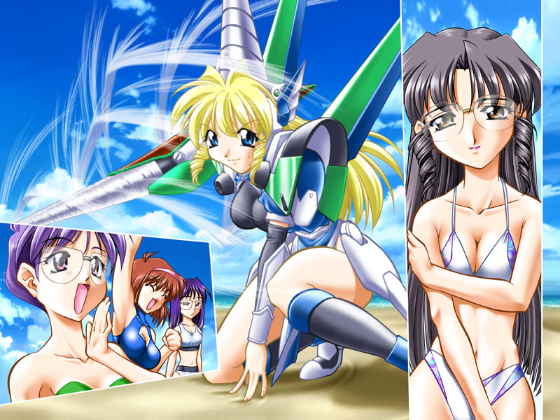 1990s_(style), 5girls, bikini, black_hair, blonde_hair, blue_eyes, brown_eyes, brown_hair
