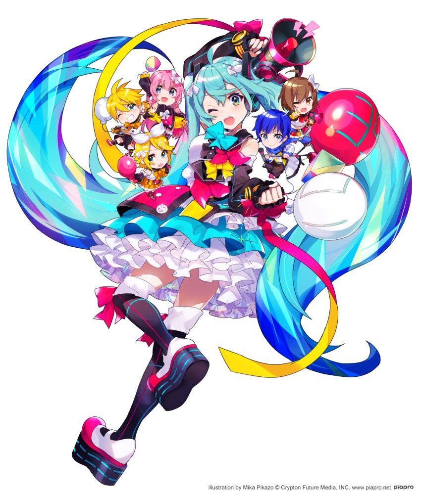 2boys, 4girls, :d, ;d, ahoge, aqua_eyes, aqua_hair, balloon, bare_shoulders, blue_eyes, blue_hair, blush, breasts, brown_hair, detached_sleeves, full_body, grin, hair_ribbon, hatsune_miku, headset, highres, kagamine_len, kagamine_rin, kaito_(vocaloid), long_hair, looking_at_viewer, magical_mirai_(vocaloid), magical_mirai_kaito, magical_mirai_kaito_(2018), magical_mirai_len, magical_mirai_len_(2018), magical_mirai_luka, magical_mirai_luka_(2018), magical_mirai_meiko, magical_mirai_meiko_(2018), magical_mirai_miku, magical_mirai_miku_(2018), magical_mirai_rin, magical_mirai_rin_(2018), megaphone, megurine_luka, meiko_(vocaloid), mika_pikazo, multiple_boys, multiple_girls, official_art, one_eye_closed, open_mouth, pink_hair, ribbon, sailor_collar, short_hair, simple_background, sleeves_past_wrists, smile, teeth, thighhighs, twintails, very_long_hair, vocaloid, white_background