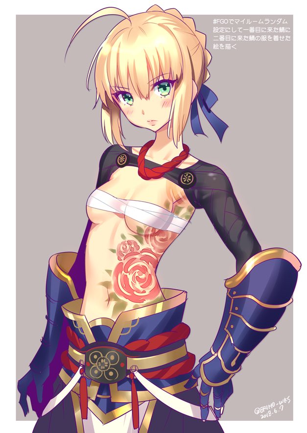 1girl, ahoge, artist_name, artoria_pendragon_(fate), black_skirt, blonde_hair, blue_ribbon, blush, braid, braided_bun, breasts, cleavage, collarbone, copyright_name, cosplay, cosplay_request, dated, extreme_crop_top, fate/grand_order, fate_(series), female_focus, gauntlets, green_eyes, hair_between_eyes, hair_bun, hair_ribbon, looking_at_viewer, midriff, navel, nishimura_eri, ribbon, saber_(fate), sarashi, shrug_(clothing), sideboob, sidelocks, skirt, small_breasts, solo, standing, stomach, tattoo, underboob, yan_qing_(fate)_(cosplay)