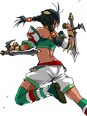 1girl, ahoge, ass, back, bare_shoulders, black_hair, bladed_tonfa, butt_crack, dark-skinned_female, dark_skin, female_focus, from_behind, jumping, lowres, namco, oekaki, ooyama_(o-yama), shorts, solo, soul_calibur, soulcalibur, soulcalibur_ii, talim, tonfa, twintails, weapon