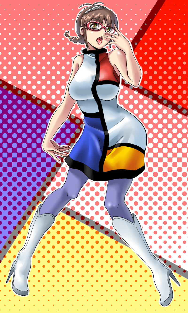 00s, 1girl, akizuki_ritsuko, bare_shoulders, boots, braid, breasts, brown_eyes, brown_hair, dress, female_focus, glasses, hairband, high_heels, highres, idolmaster, idolmaster_(classic), idolmaster_1, large_breasts, mod_fashion, open_mouth, pantyhose, shoes, solo, tongue, twin_braids, yokkora