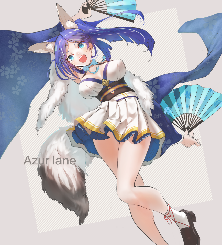 1girl, :d, animal_ear_fluff, animal_ears, arm_up, azur_lane, black_shoes, blue_bow