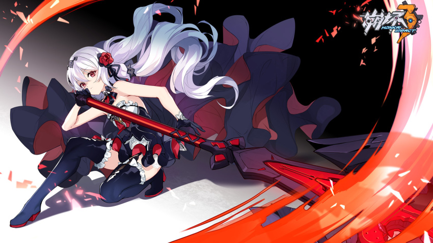 alternate_costume, attack, axe, bare_shoulders, black_dress, black_gloves, black_ribbon, blood_embrace