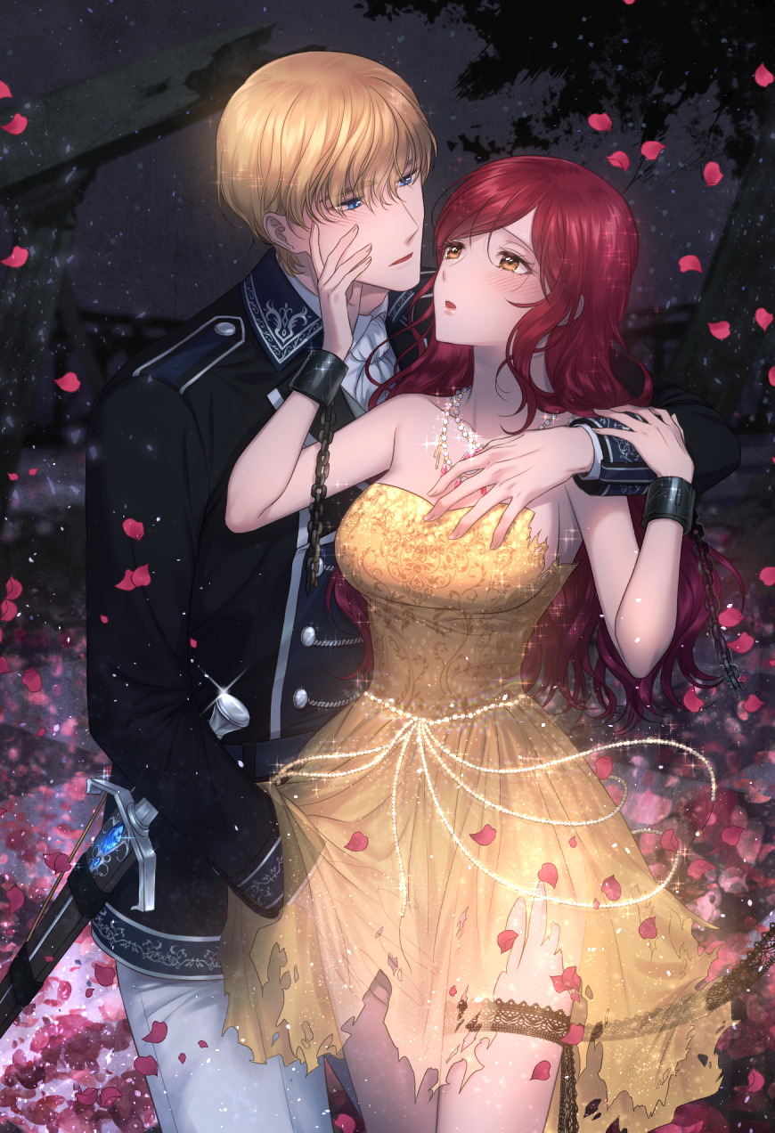 1boy, 1girl, arm_around_shoulder, bare_shoulders, black_suit, blonde_hair, blue_eyes, blush