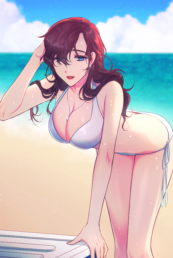 1girl, beach, between_breasts, bikini, blue_eyes, blue_sky, breasts, brown_hair