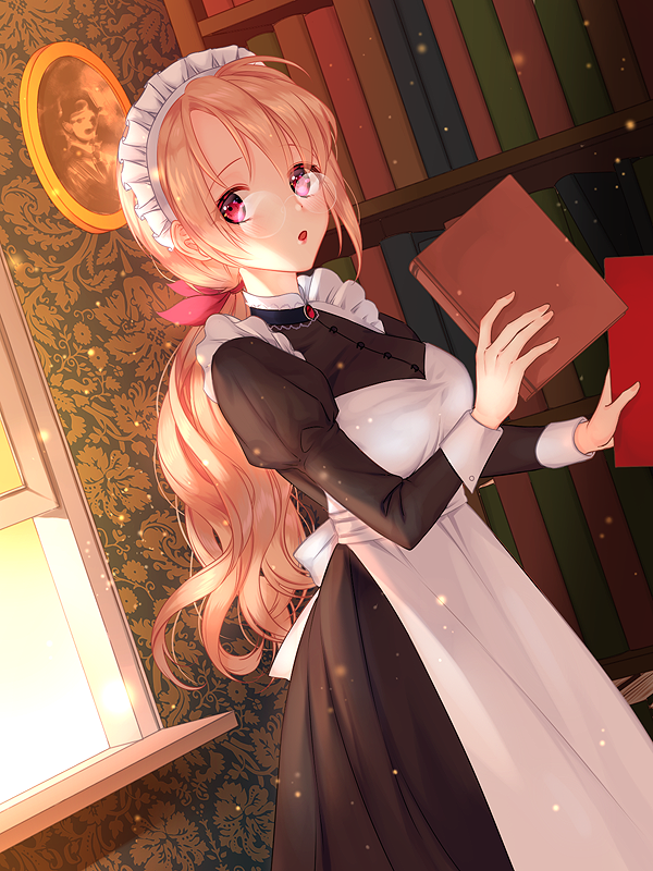 1girl, blonde_hair, blush, book, bookshelf, female_focus, glasses, holding