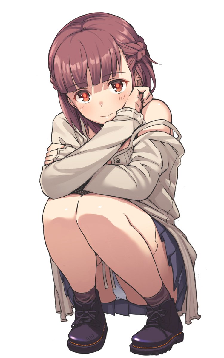 1girl, android_girl_aki, android_girl_kotomi, black_shoes, blunt_bangs, blush, braid, brown_eyes