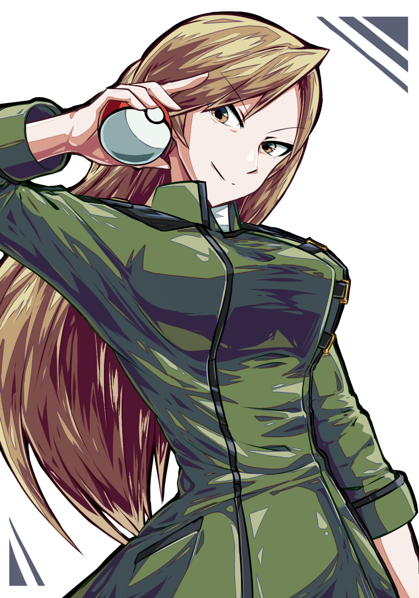 1girl, arm_up, breasts, brown_eyes, brown_hair, closed_mouth, coach_trainer_(pokemon), coat, female_focus, green_coat, happy, highres, holding, holding_poke_ball, large_breasts, long_hair, long_sleeves, looking_to_the_side, matching_hair/eyes, nintendo, npc_trainer, poke_ball, poke_ball_(basic), pokemon, pokemon:_let's_go_pikachu!_and_let's_go_eevee!, shimure_(460), shiny_clothes, simple_background, smile, solo, white_background