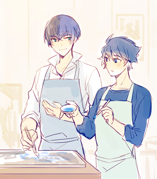 10s, apron, black_hair, blue_eyes, blue_hair, idolmaster, idolmaster_side-m, long_sleeves