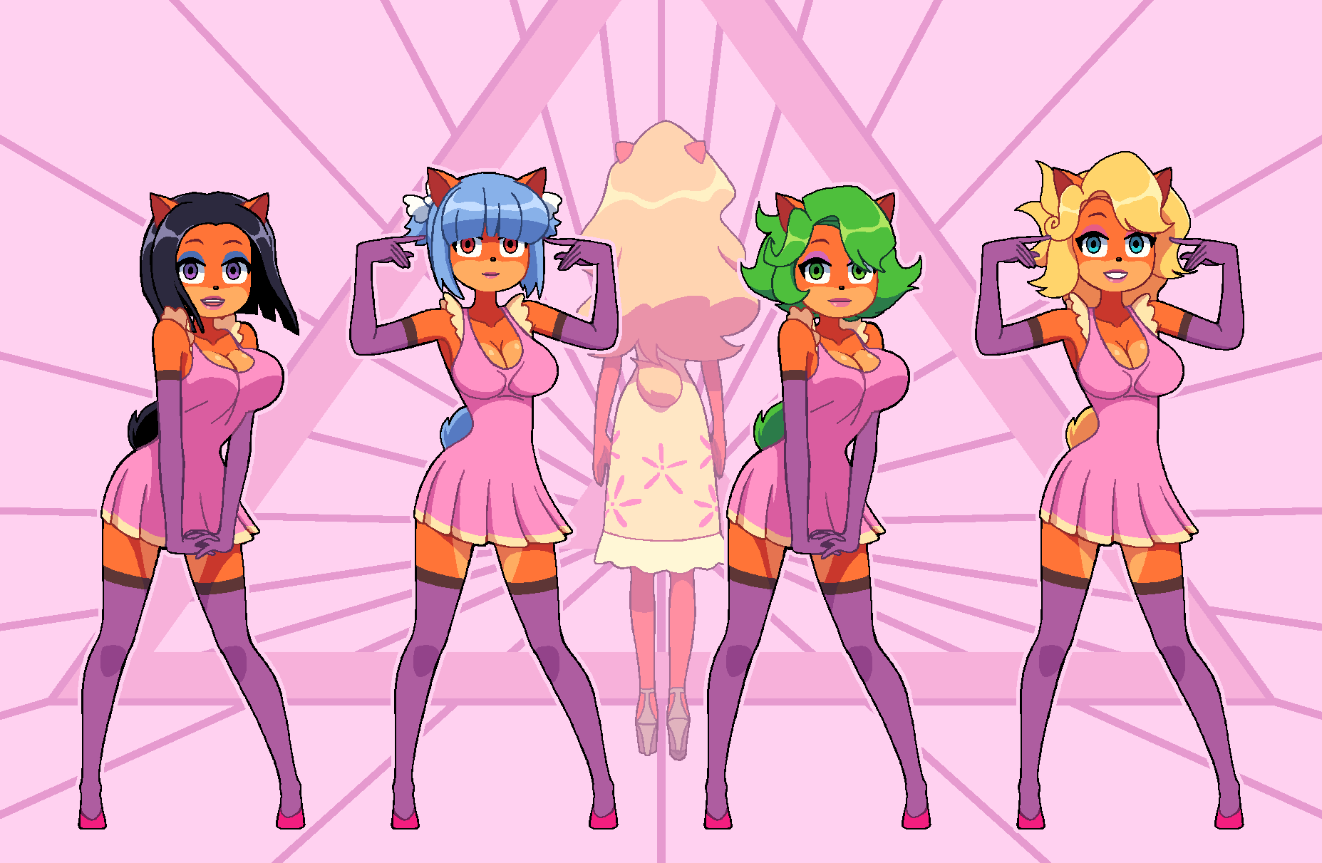 5girls, ami_bandicoot, animal_ears, black_hair, blonde_hair, blue_eyes, blue_hair, bow, breasts, cleavage, cosplay, crash_bandicoot_(series), dress, furry, gloves, green_eyes, green_hair, high_heels, highres, isabella_bandicoot, kempferzero, lipstick, liz_bandicoot, makeup, mascara, me!me!me!, medium_breasts, megumi_(crash_bandicoot), meme_(me!me!me!)_(cosplay), multiple_girls, purple_eyes, red_eyes, standing, tail, tawna_bandicoot, thighhighs, zettai_ryouiki