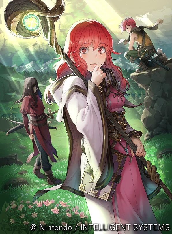 1girl, 2boys, black_pants, blush, brown_scarf, cowboy_shot, daigoman, dress