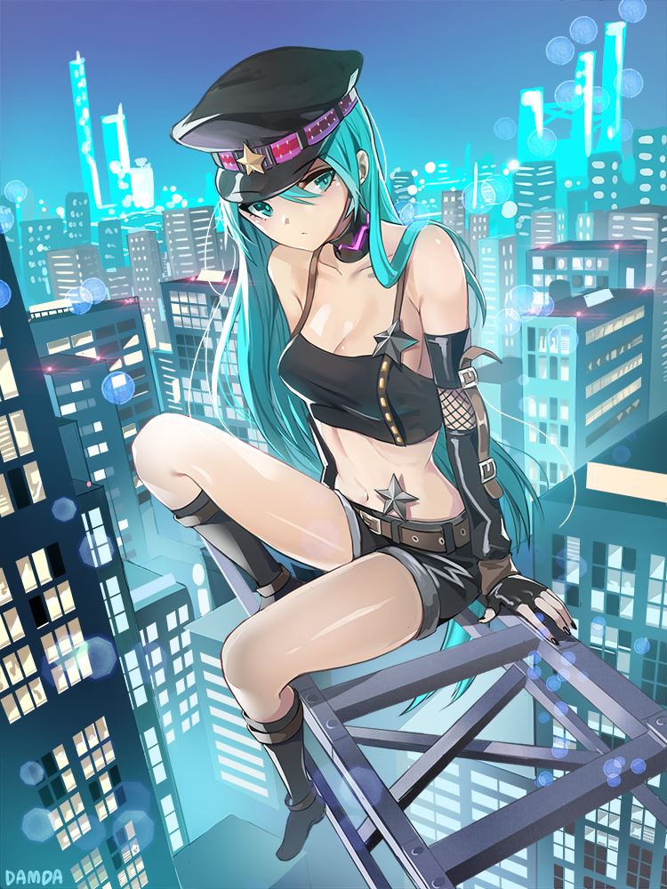 1girl, artist_name, bad_id, bad_twitter_id, black_gloves, black_hat, black_nails, black_shorts