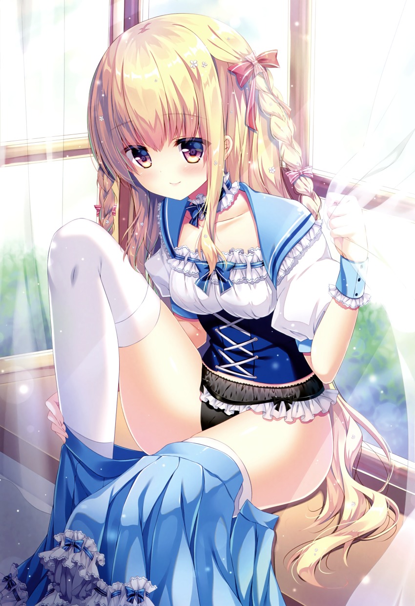 1girl, absurdres, backlighting, black_panties, blonde_hair, blue_bow, blue_choker, blush