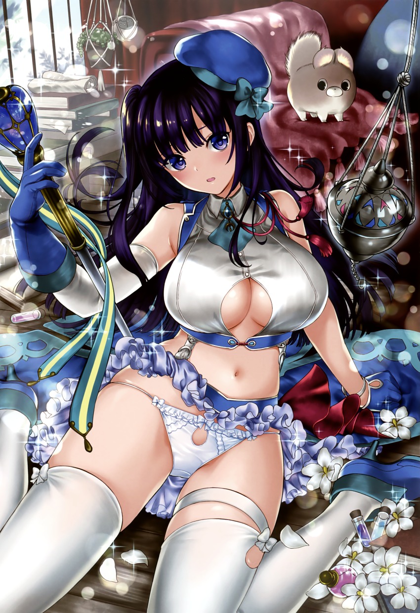 1girl, absurdres, animal, arm_support, ascot, asymmetrical_gloves, beret, blue_boots