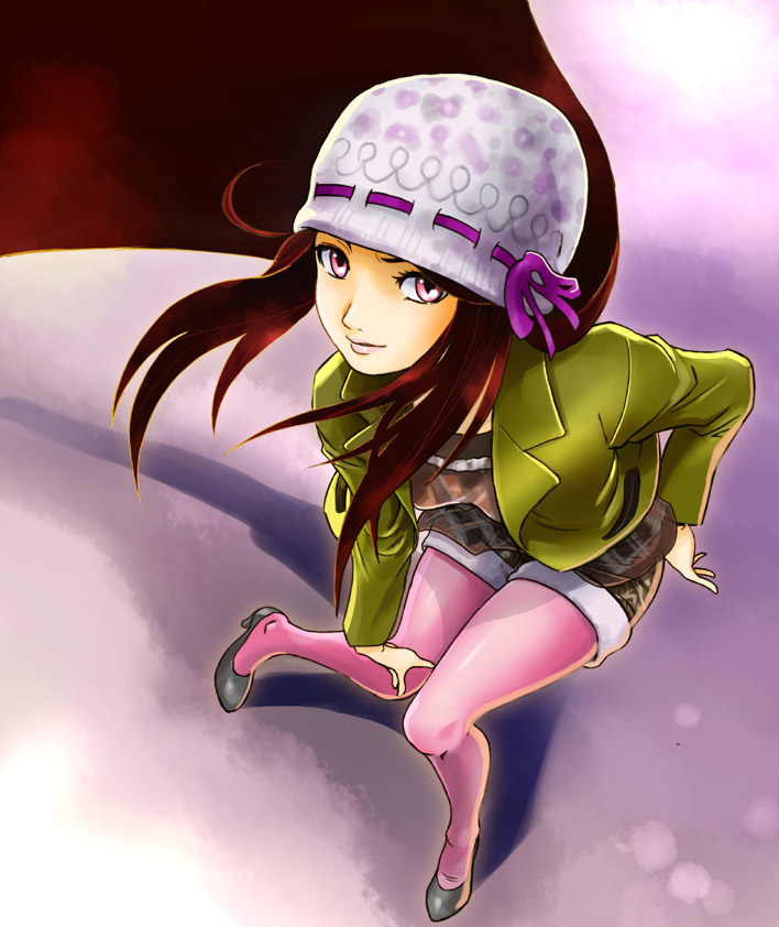1girl, bad_id, bad_pixiv_id, beanie, blazer, fashion, female_focus, foreshortening, hand_on_own_hip, hat, high_heels, hikari_natsumi, hip_focus, jacket, joe_(artist), kamen_rider, kamen_rider_dcd, kamen_rider_decade, leaning_forward, lips, long_hair, pantyhose, pantyhose_under_shorts, pink_eyes, pink_pantyhose, purple_eyes, red_hair, shoes, shorts, solo, streetwear, wind, yanagi_joe