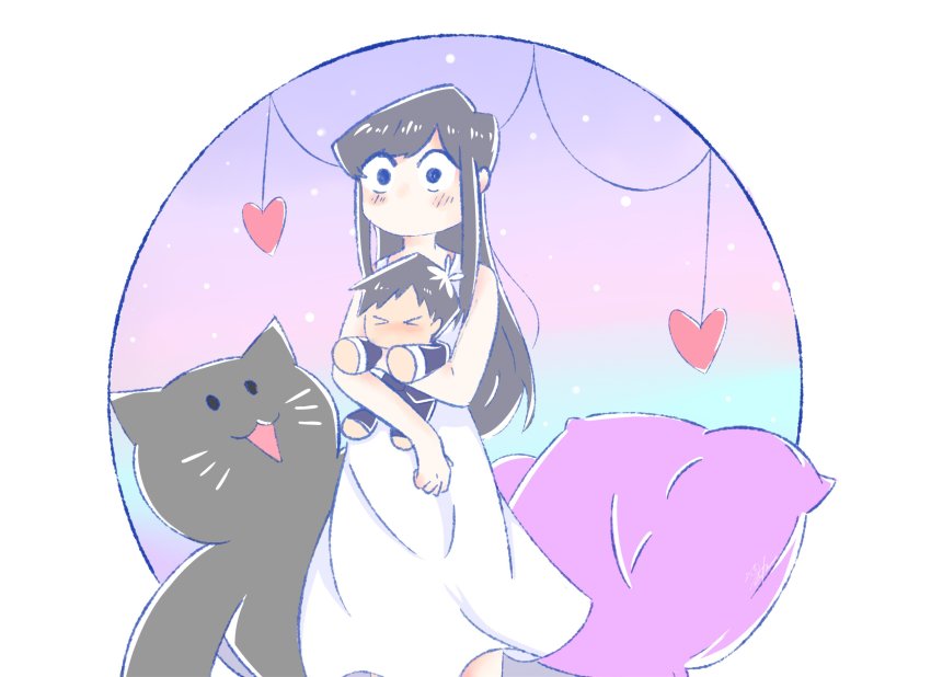 1boy, 1girl, absurdres, black_eyes, black_hair, cat, highres, komi-san_wa_komyushou_desu