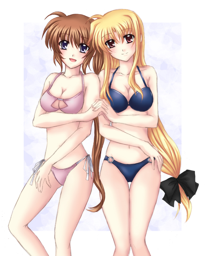 00s, 2girls, bad_id, bad_pixiv_id, bikini, blonde_hair, blue_eyes, bow