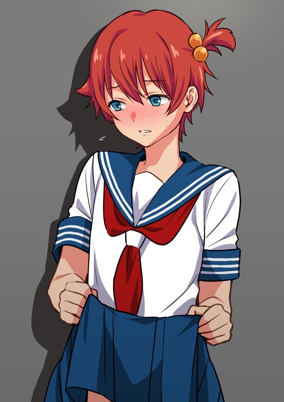 10s, 1boy, blue_eyes, blue_sailor_collar, blue_skirt, blush, clothes_pull, crossdressing, crossdressing_(mtf), gridman_universe, hibiki_yuuta, male_focus, neckerchief, pleated_skirt, red_hair, sailor_collar, school_uniform, serafuku, short_hair, skirt, skirt_pull, solo, ssss.gridman, sweatdrop, trap, yakiniku_(konoha3561)
