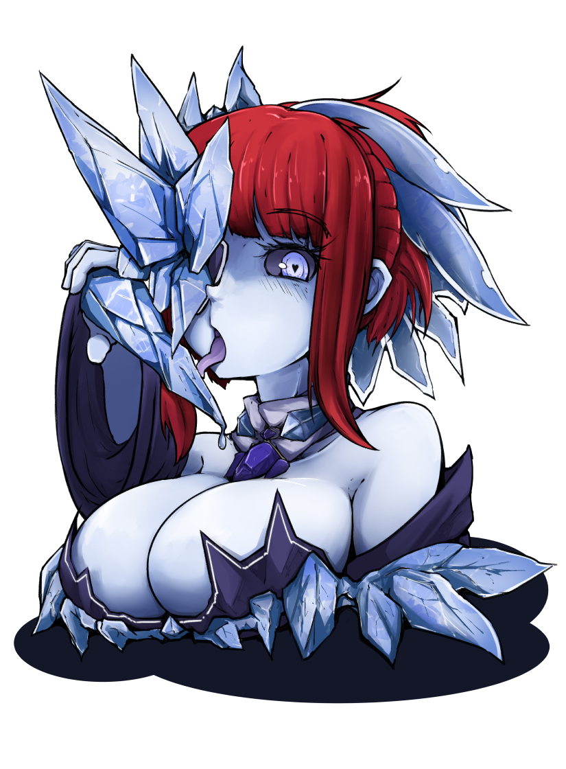 1girl, alternate_hair_color, blue_eyes, blue_sclera, blue_skin, blush, breasts, cleavage