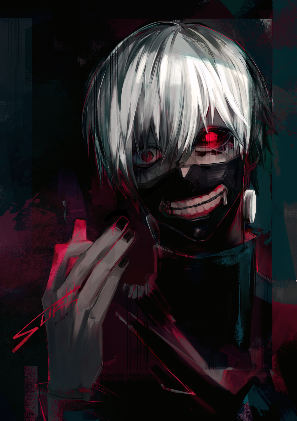 1boy, bad_id, bad_twitter_id, black_background, black_nails, ghoul, hair_between_eyes, highres