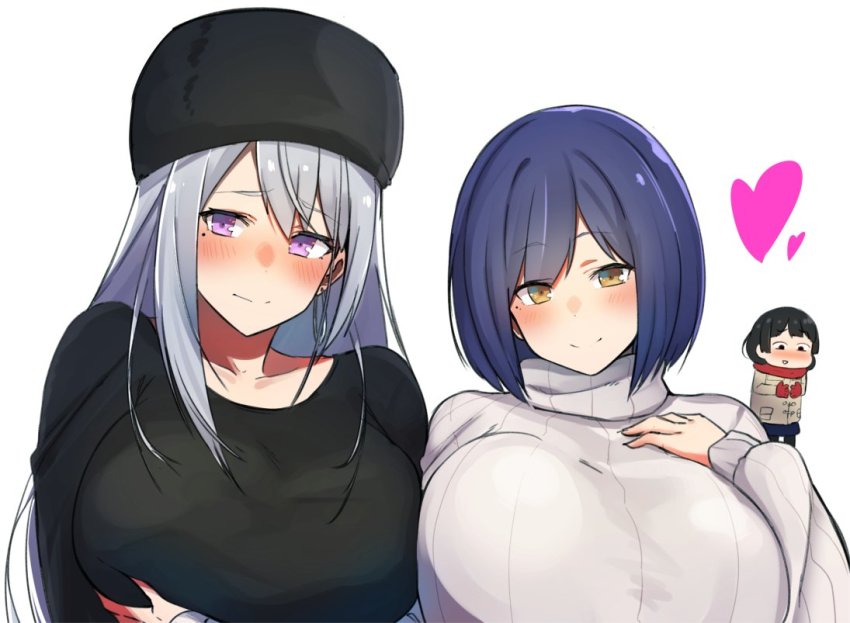 3girls, alternate_breast_size_(larger), bad_id, bad_twitter_id, black_shirt, blouse, blue_hair, blush, bob_cut, breasts, brown_hair, commentary_request, cropped_torso, earrings, grabbing_another's_breast, groping, hand_on_own_chest, heart, higuchi_kaede, higuchi_kaede_(winter_casual), hoop_earrings, jewelry, large_breasts, long_hair, long_sleeves, looking_at_viewer, mole, mole_under_eye, multiple_girls, nijisanji, nuezou, parted_bangs, purple_eyes, red_scarf, ribbed_sweater, scarf, shirt, shizuka_rin, short_hair, side-by-side, silver_hair, simple_background, smile, sweater, tsukino_mito, tsukino_mito_(winter_casual), turtleneck, turtleneck_sweater, upper_body, virtual_youtuber, white_background, white_sweater