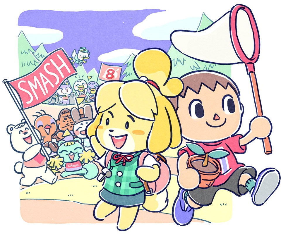 5boys, 5girls, animal_crossing, bear, bird, blush_stickers, brown_hair, rabbit, butterfly_net, cat, cesar_(animal_crossing), cheering, commentary, countdown, dog, dog_girl, flag, flower_pot, furry, genji_(animal_crossing), hand_net, isabelle_(animal_crossing), multiple_boys, multiple_girls, nibbles_(animal_crossing), nintendo, official_art, ostrich, pelly_(animal_crossing), pete_(animal_crossing), phyllis_(animal_crossing), plaid, plant, potted_plant, ribbon, ribbot_(animal_crossing), robot, rover_(animal_crossing), sandy_(animal_crossing), shirt, shorts, smile, squirrel, super_smash_bros., t-shirt, teeth, tutu_(animal_crossing), upper_teeth_only, villager_(animal_crossing), walking, waving, whistle