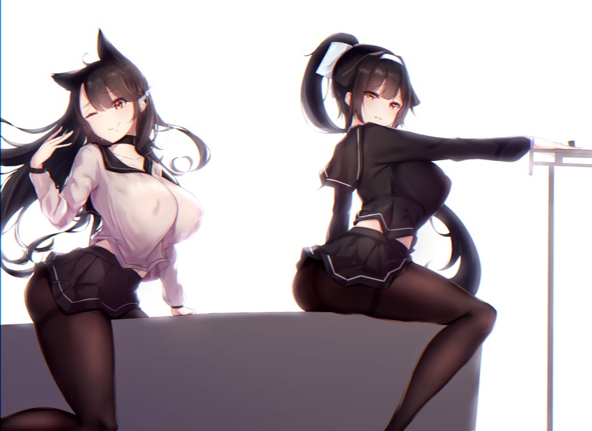 2girls, ;), ahoge, alternate_costume, animal_ears, atago_(azur_lane), atago_(school_traumerei)_(azur_lane), azur_lane