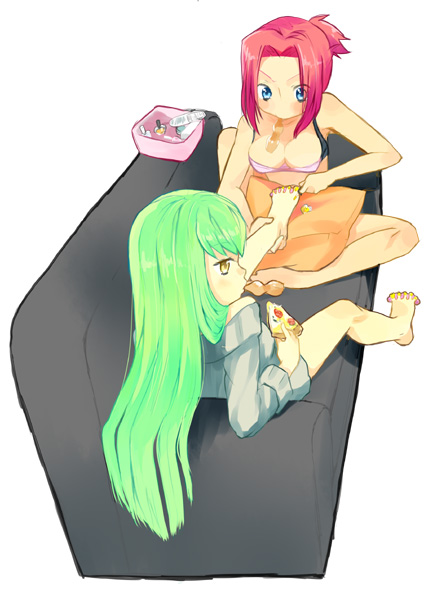 00s, 2girls, applying_pedicure, bad_id, bad_pixiv_id, barefoot, blush, c.c.
