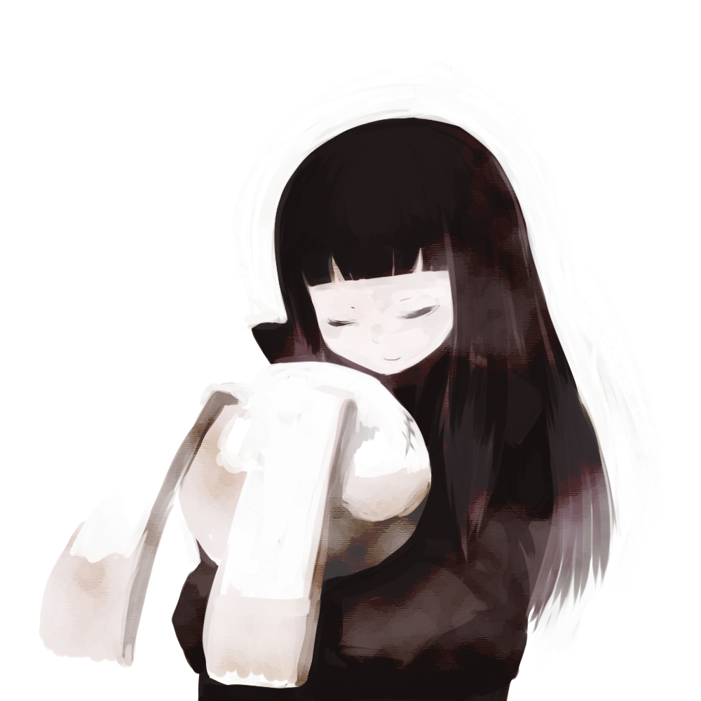 black_hair, rabbit, child, hug, long_hair, nekotei, nekotewi, stuffed_toy