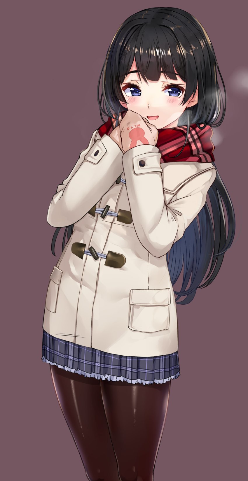 1girl, absurdres, akasaai, beige_coat, black_hair, blue_eyes, blush, breath
