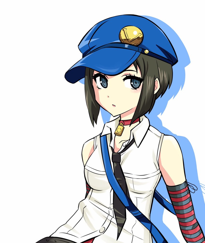 1girl, arm_warmers, breasts, brown_hair, newsboy_cap, choker, commentary_request, female_focus, grey_eyes, hat, highres, inoue_kousei, lock, loose_necktie, marie_(persona_4), medium_breasts, necktie, open_mouth, persona, persona_4, persona_4:_the_ultimate_in_mayonaka_arena, shadow, shirt, shoulder_strap, sleeveless, sleeveless_shirt, solo, upper_body, white_background