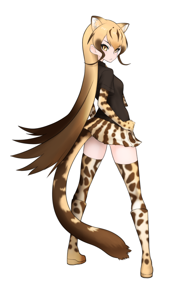 10s, 1girl, animal_ear_fluff, animal_print, black_shirt, blonde_hair, boots, brown_hair