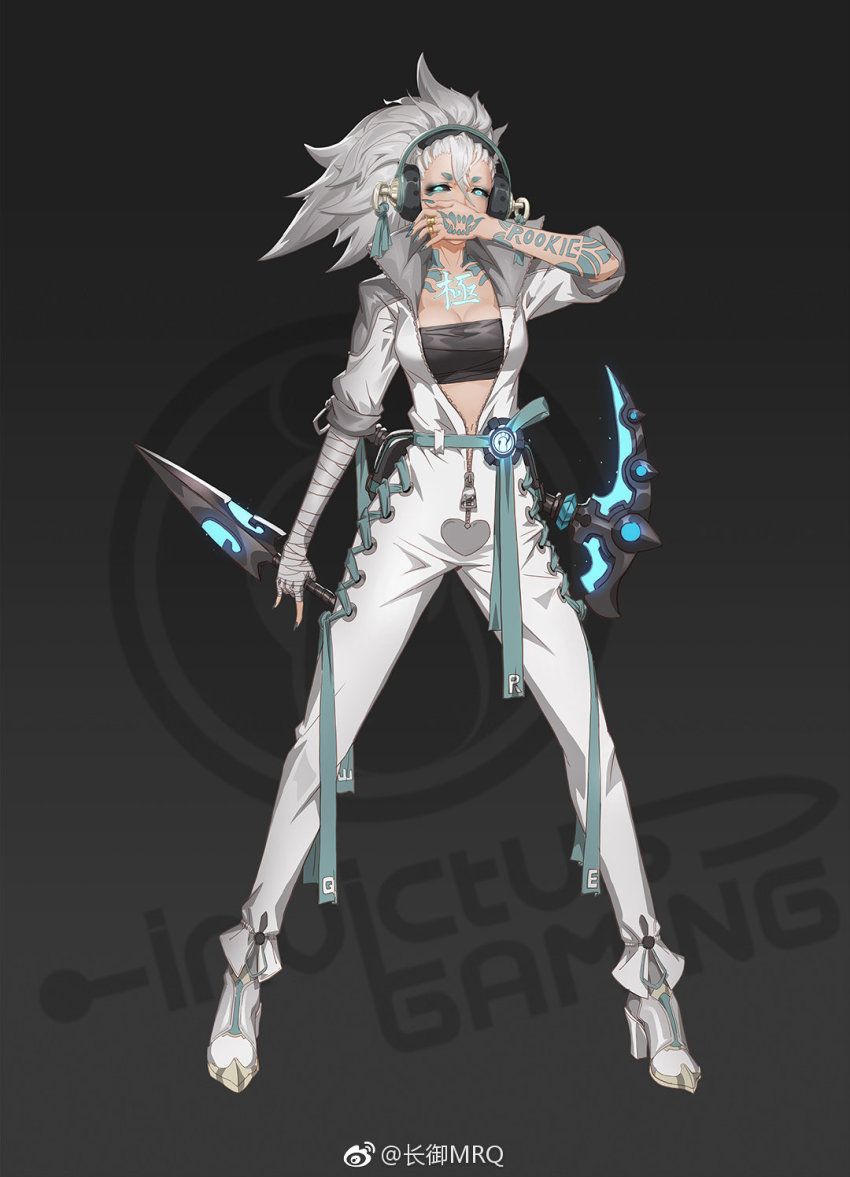 1girl, akali, alternate_costume, character_name, covering_own_mouth, dagger, headphones, highres