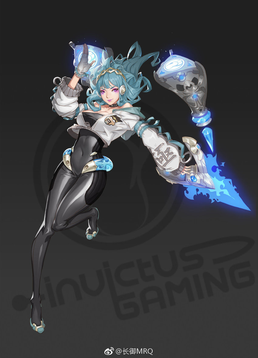 1girl, aqua_hair, artist_name, bodysuit, draven, earphones, hairband, highres