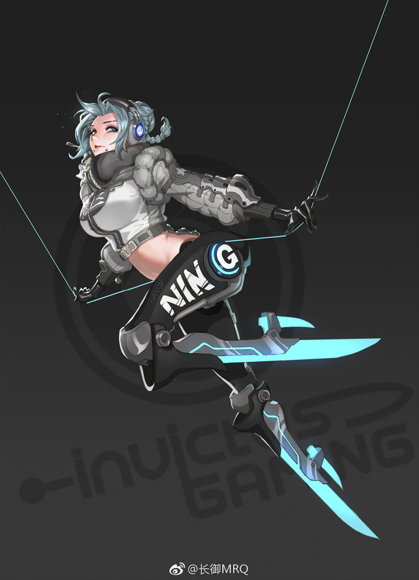 1girl, artist_name, camille_(league_of_legends), character_name, grey_hair, headphones, highres, invictus_gaming