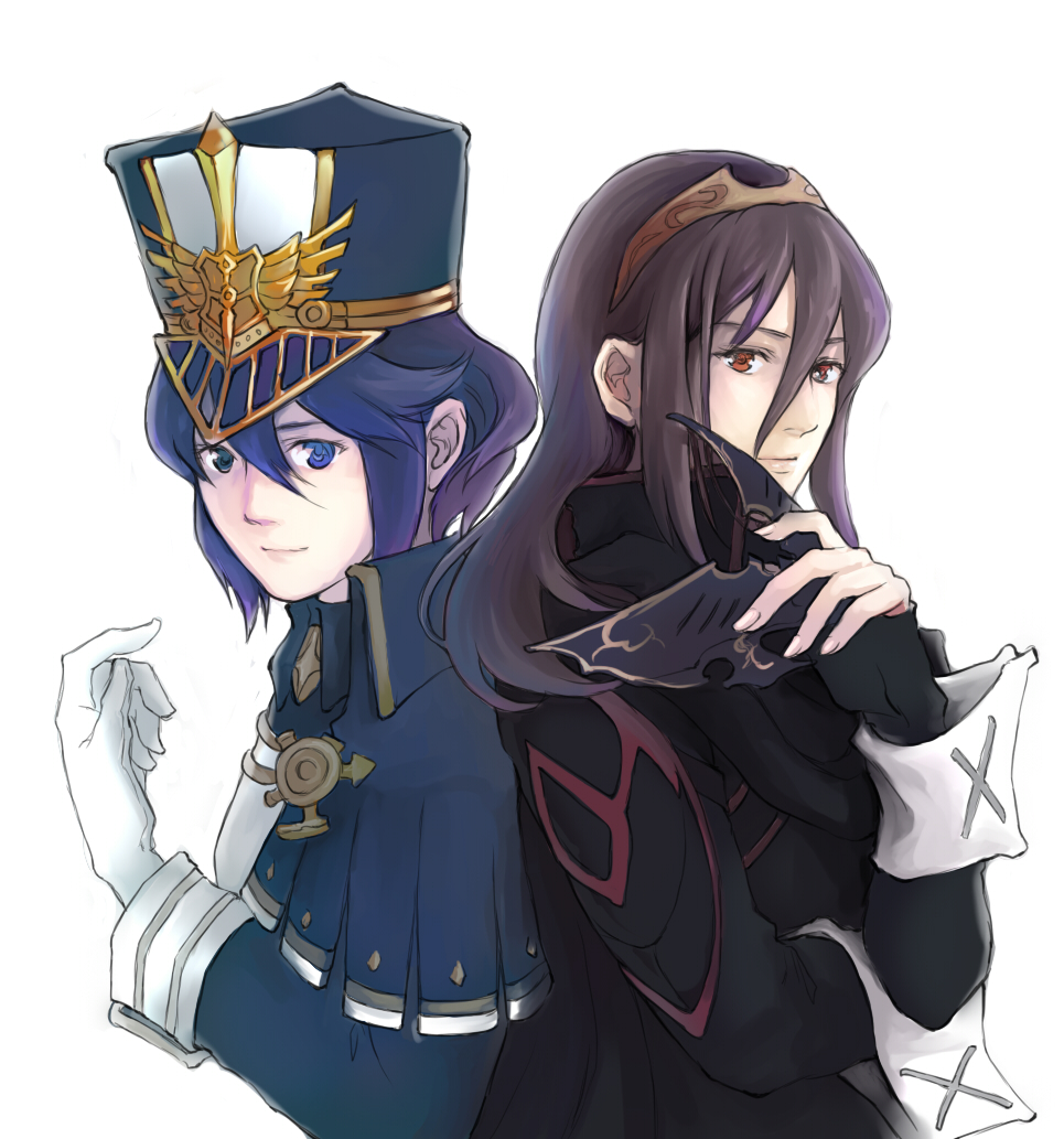 2girls, alternate_costume, armor, blue_eyes, blue_hair, blush, cape, company_connection, cosplay, costume_switch, crossover, fingerless_gloves, fire_emblem, fire_emblem_awakening, gloves, hal_laboratory, hat, intelligent_systems, long_hair, looking_at_viewer, lucina_(fire_emblem), lucina_(fire_emblem)_(cosplay), marth_(fire_emblem_awakening), mask, military, military_hat, military_uniform, monolith_soft, morag_ladair_(xenoblade), morag_ladair_(xenoblade)_(cosplay), multiple_girls, nintendo, pauldrons, possessed, possession, reverse_trap, short_hair, shoulder_armor, simple_background, smile, spirit, spirit_(super_smash_bros.), super_smash_bros., tiara, xeno_(series), xenoblade_chronicles_(series), xenoblade_chronicles_2, yuuta_(ruin0811)